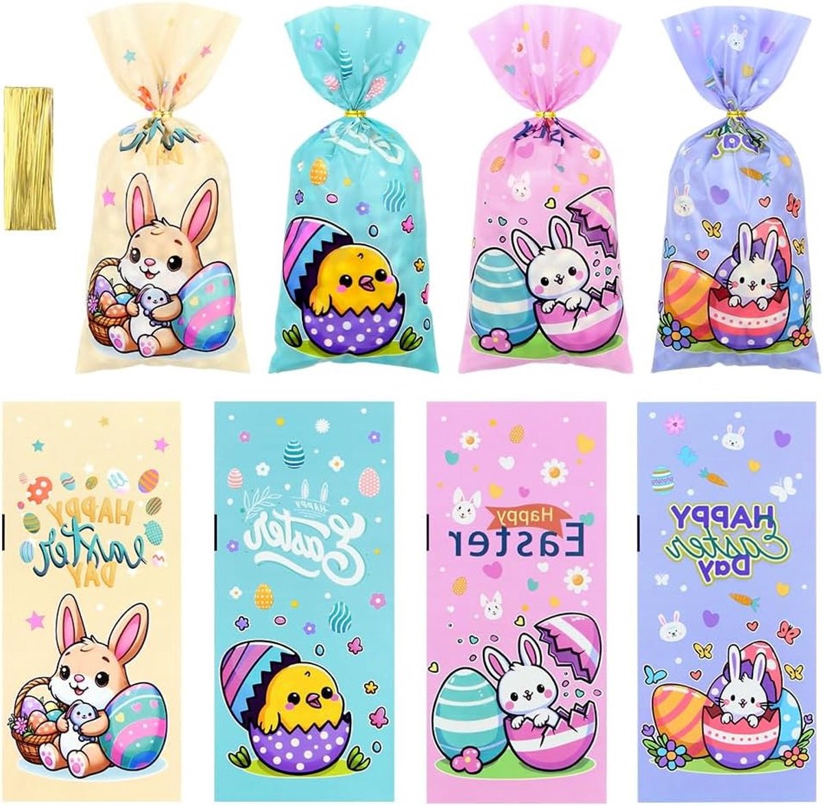 Lente Feestgoedzakken 50 Stuks, Schattige Cellofaanzakken voor Pasen met Ties, Perfect voor Snoep, Koekjes en Kinderfeestjes
