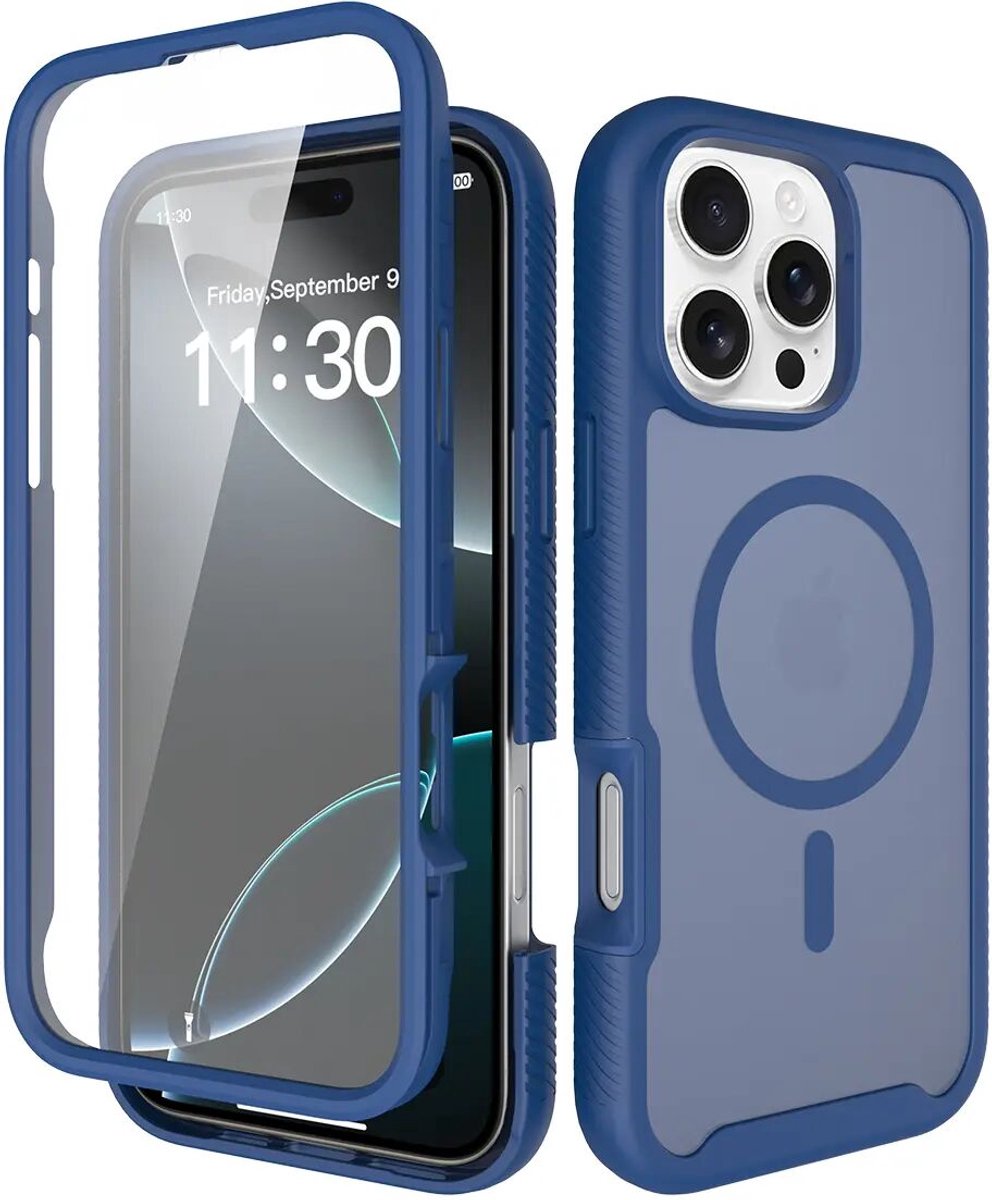 Hoesje met Ingebouwde Screenprotector Geschikt voor Apple iPhone 16 Pro Max - Compatibel met MagSafe / Qi2 - Full Protect - Schokbestendige Beschermhoes - Case Matte Blauw