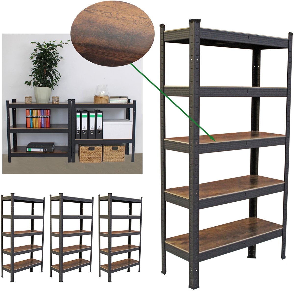 TRUTZHOLM - Woonkamerrekken 150x75x30 cm - Set van 4 - Donker - 650 kg - 5 Legborden - Insteekbare Stelling - Opbergrek