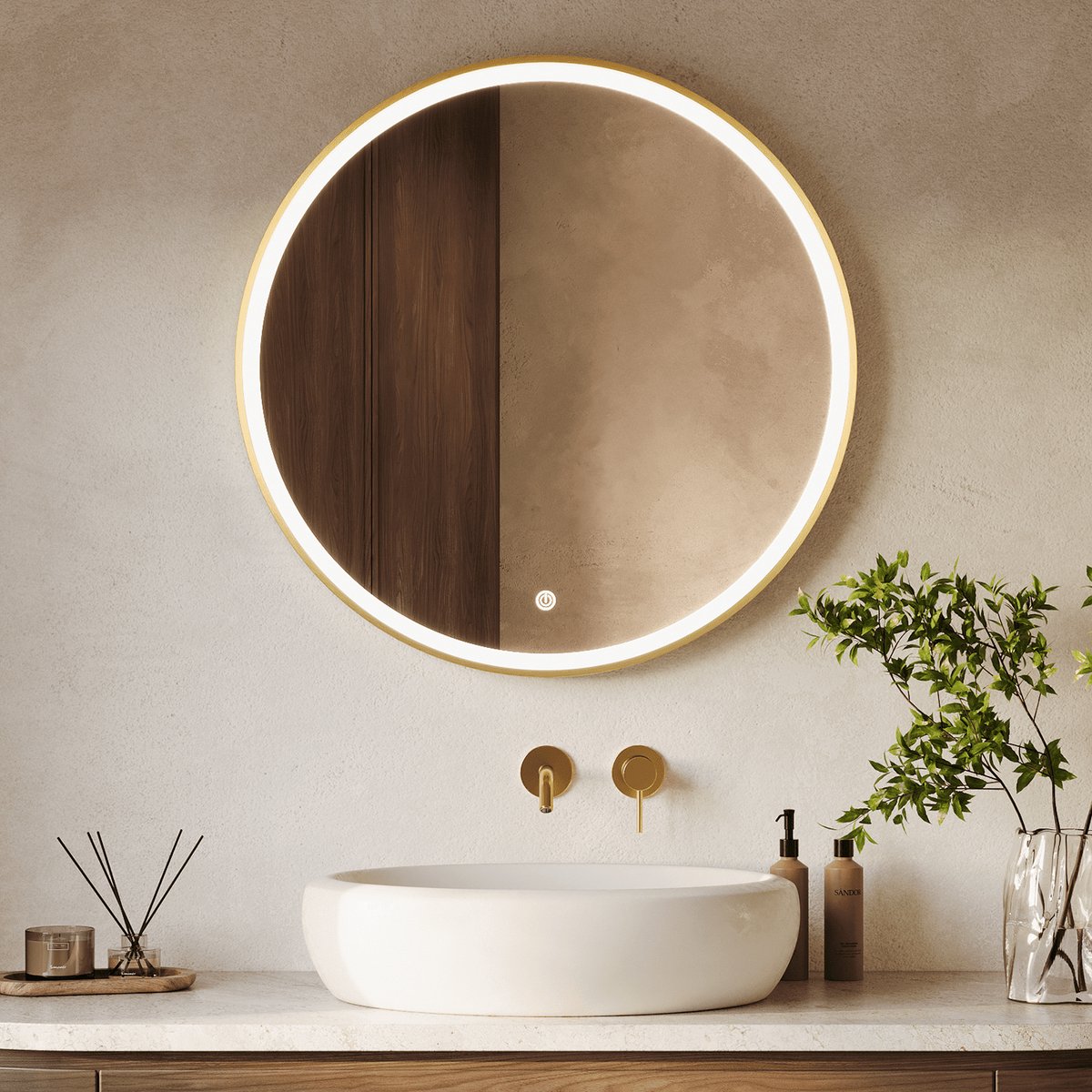 LOMAZOO Badkamerspiegel Goud met LED verlichting - Badkamer Spiegel - Spiegel Badkamer - Spiegel Douche - Verwarming Anti Condens - 80 cm rond [PARIS]