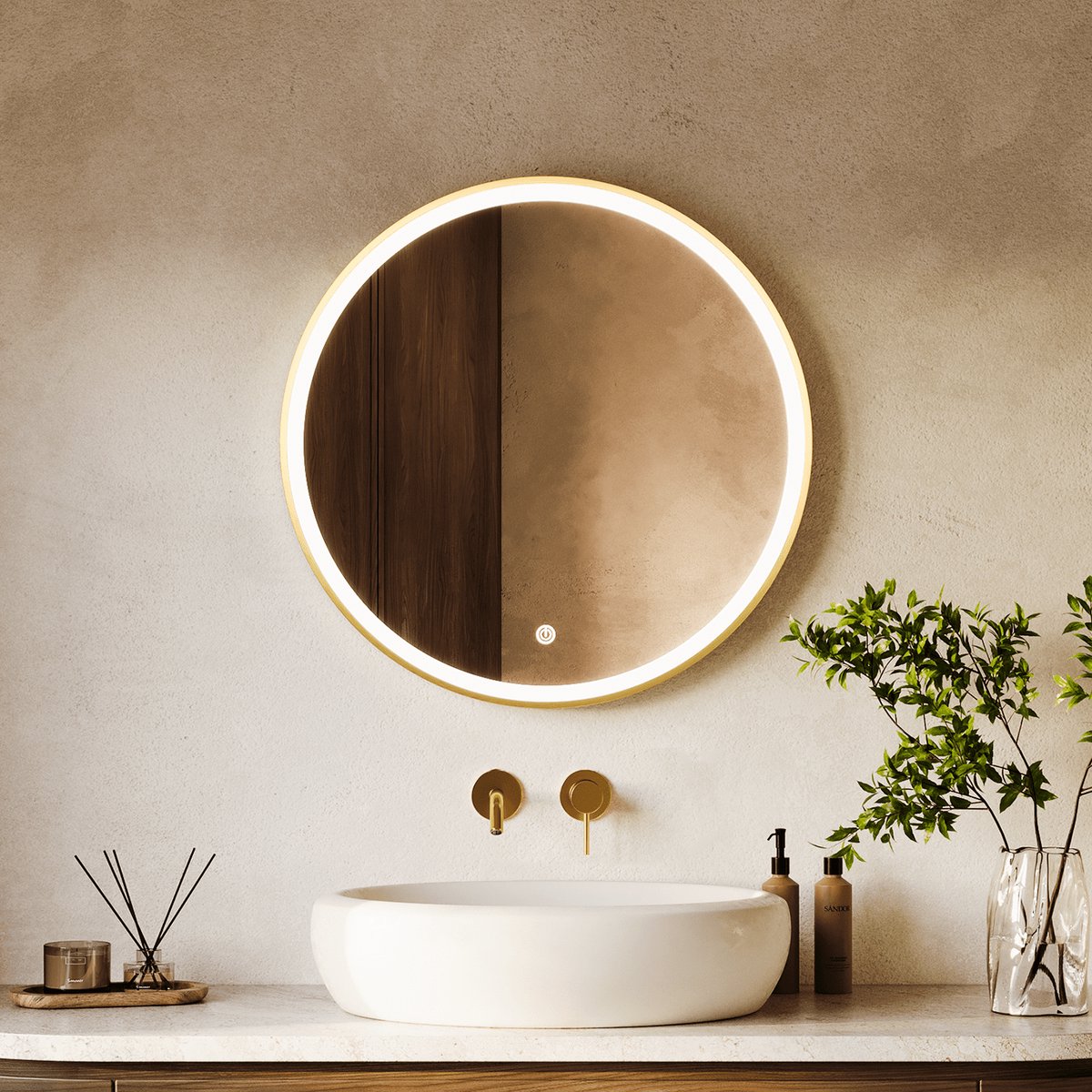 LOMAZOO Badkamerspiegel met Verlichting - Goud - Spiegel met Verlichting - Badkamer spiegel - 70 cm Rond [MIAMI]