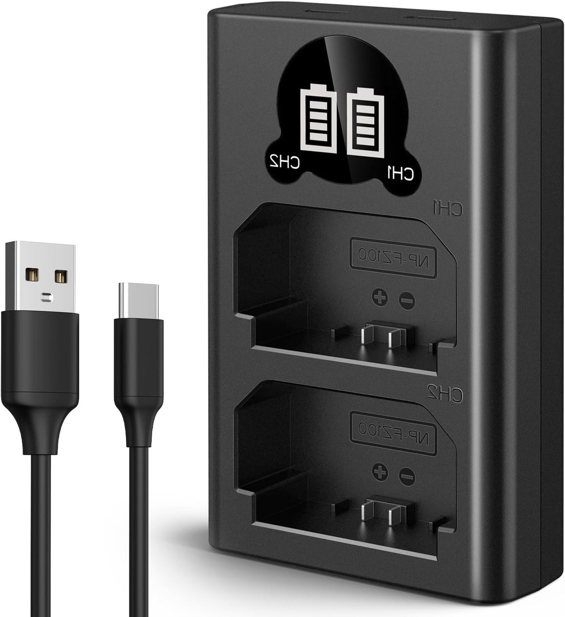 Dual-slot oplader met LED-display voor NP-FZ100 accu's, Micro USB en Type-C, compatibel met Sony Alpha camera's zoals A7 III, A7R III, A9 en a6600