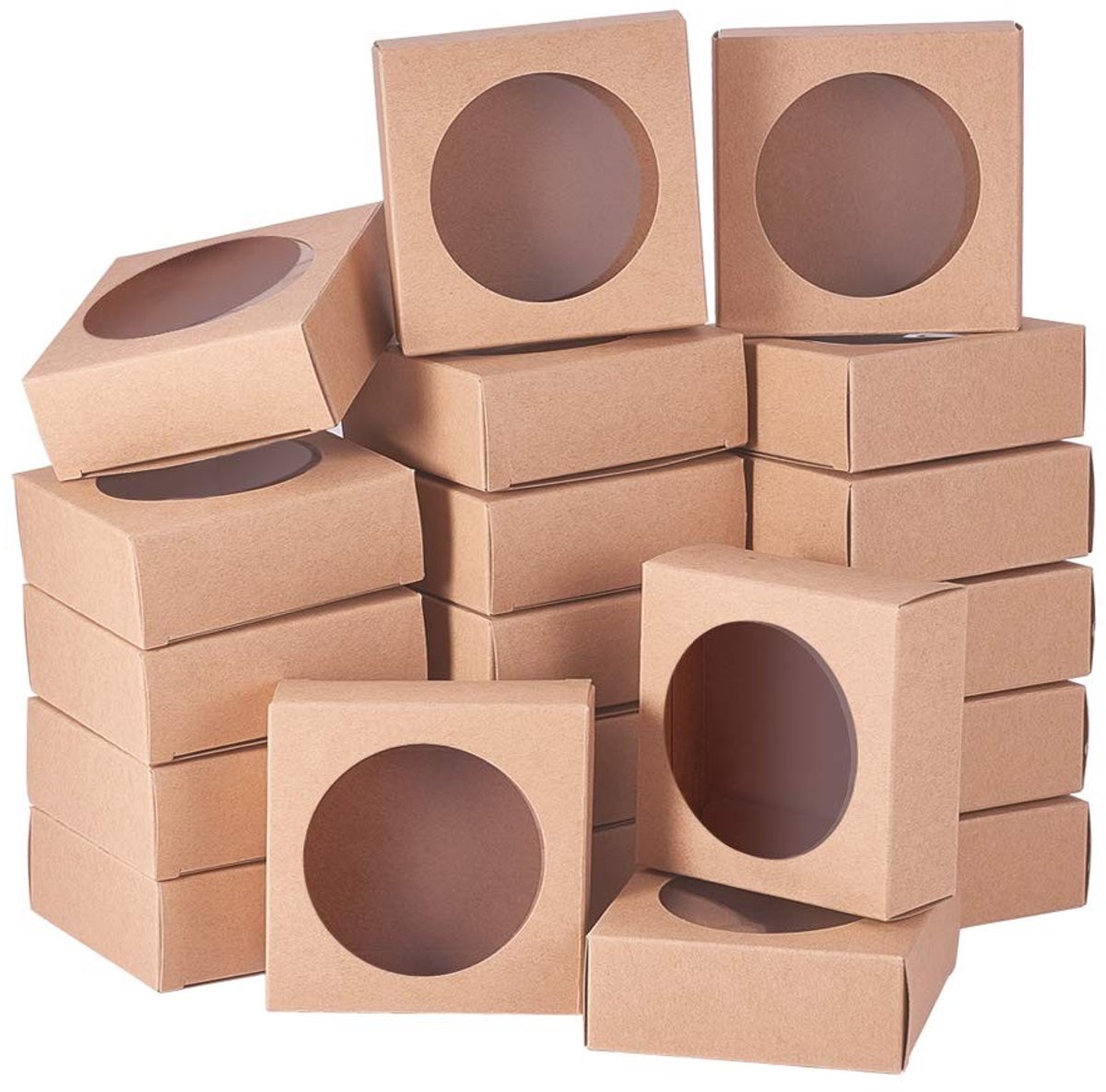Dailygoods- Dozen Kraftpapier 24 stuks - Verzenddozen - Opbergdozen - Verpakking voor Bakkerij - Transparant Venster - 10 x 10 x 2,4 cm - Verpakkingen
