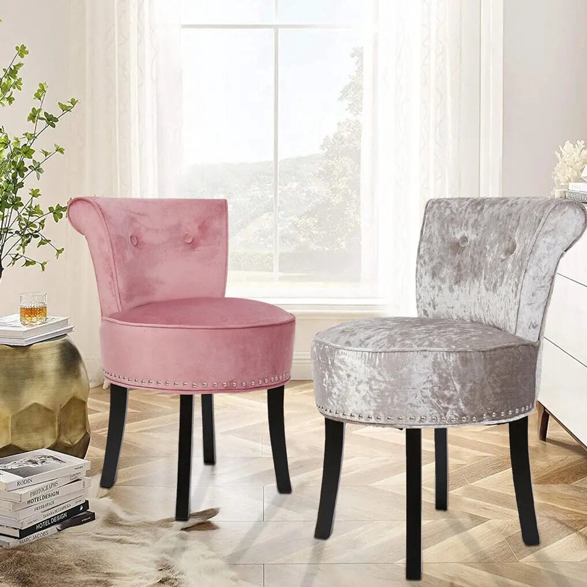 Dailygoods Luxe fluwelen make-up krukje met zachte sponsvulling, slaapkamer accentstoel met houten poten voor de kaptafe