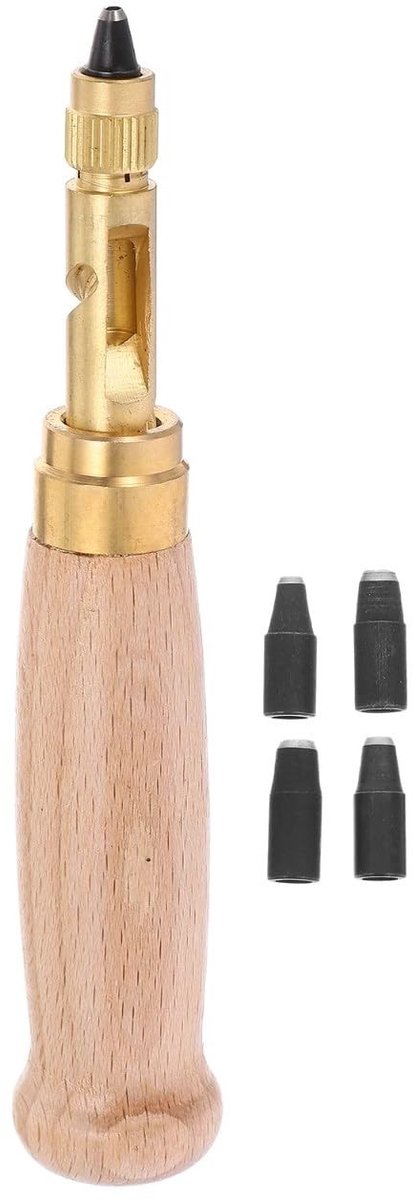 Dailygoods- Lederen Perforator Automatisch - 6 Tips - Houten Handvat - Diverse Maten - Handgereedschap - 13 x 2 x 2 cm