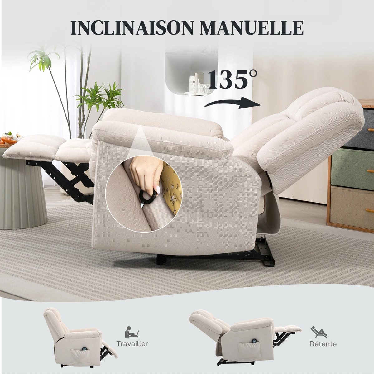 Elektrische Relaxfauteuil met Massage en Verwarming - Verstelbare Rugleuning en Voetsteun - TV Stoel - Comfortstoel - Beige - Max. 150 kg – foto 2