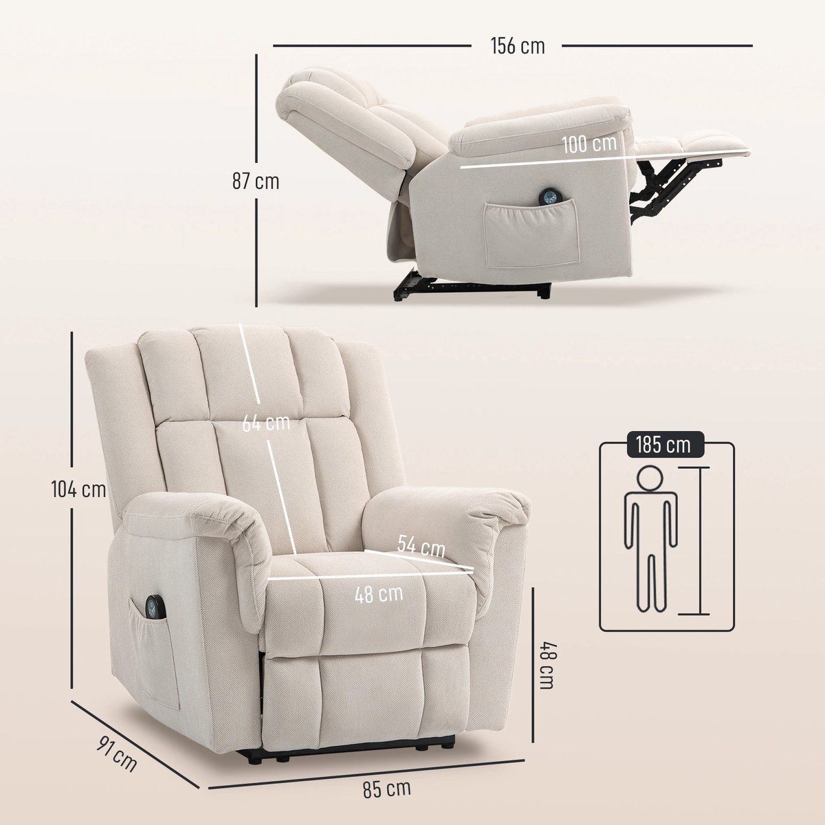 Elektrische Relaxfauteuil met Massage en Verwarming - Verstelbare Rugleuning en Voetsteun - TV Stoel - Comfortstoel - Beige - Max. 150 kg – foto 3