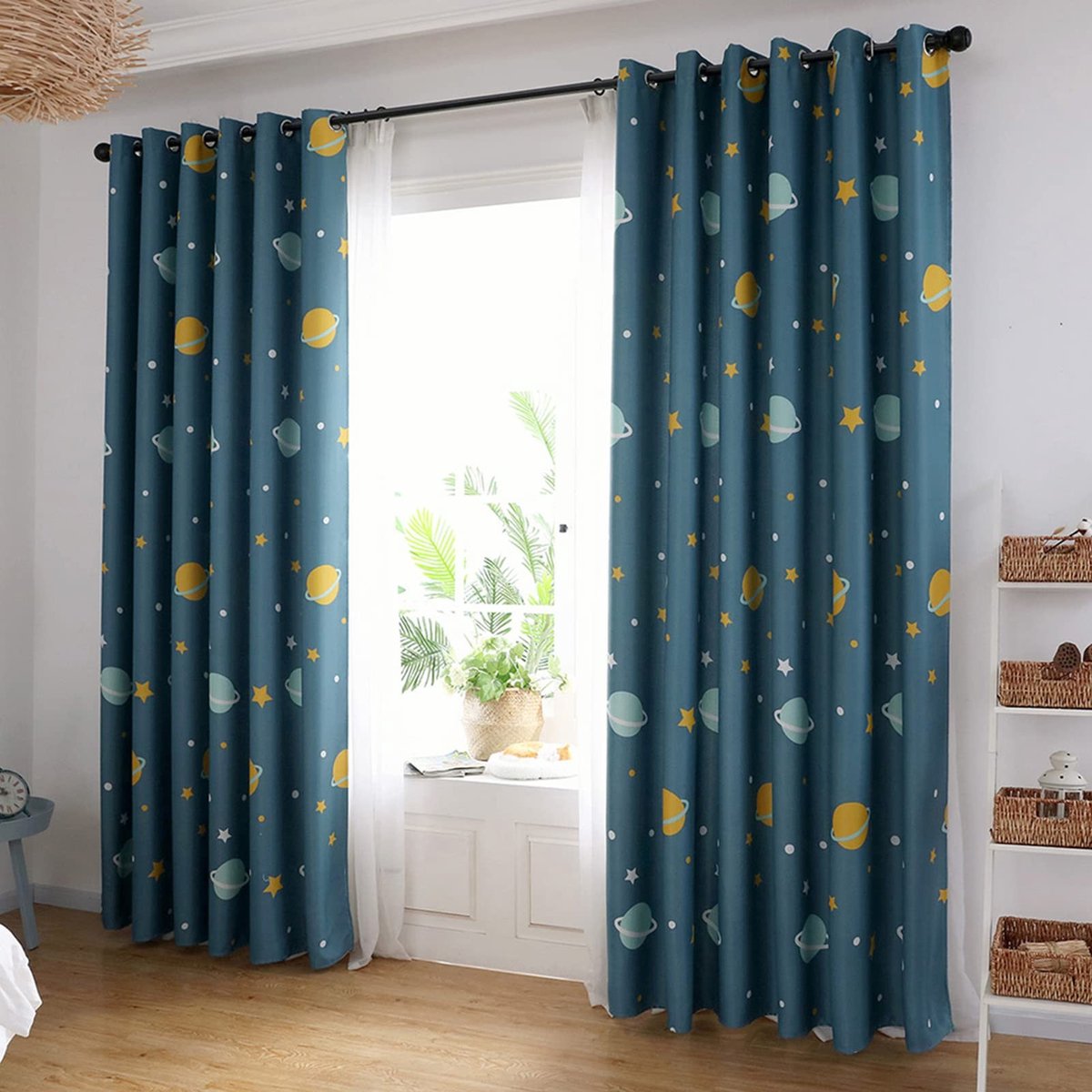 Dailygoods- Gordijnen Licht Blokkeren - Cartoon Blauw Planeten - Polyester - Duurzaam - Zacht Aanvoelend - Machinewasbaar - Raamdecoratie