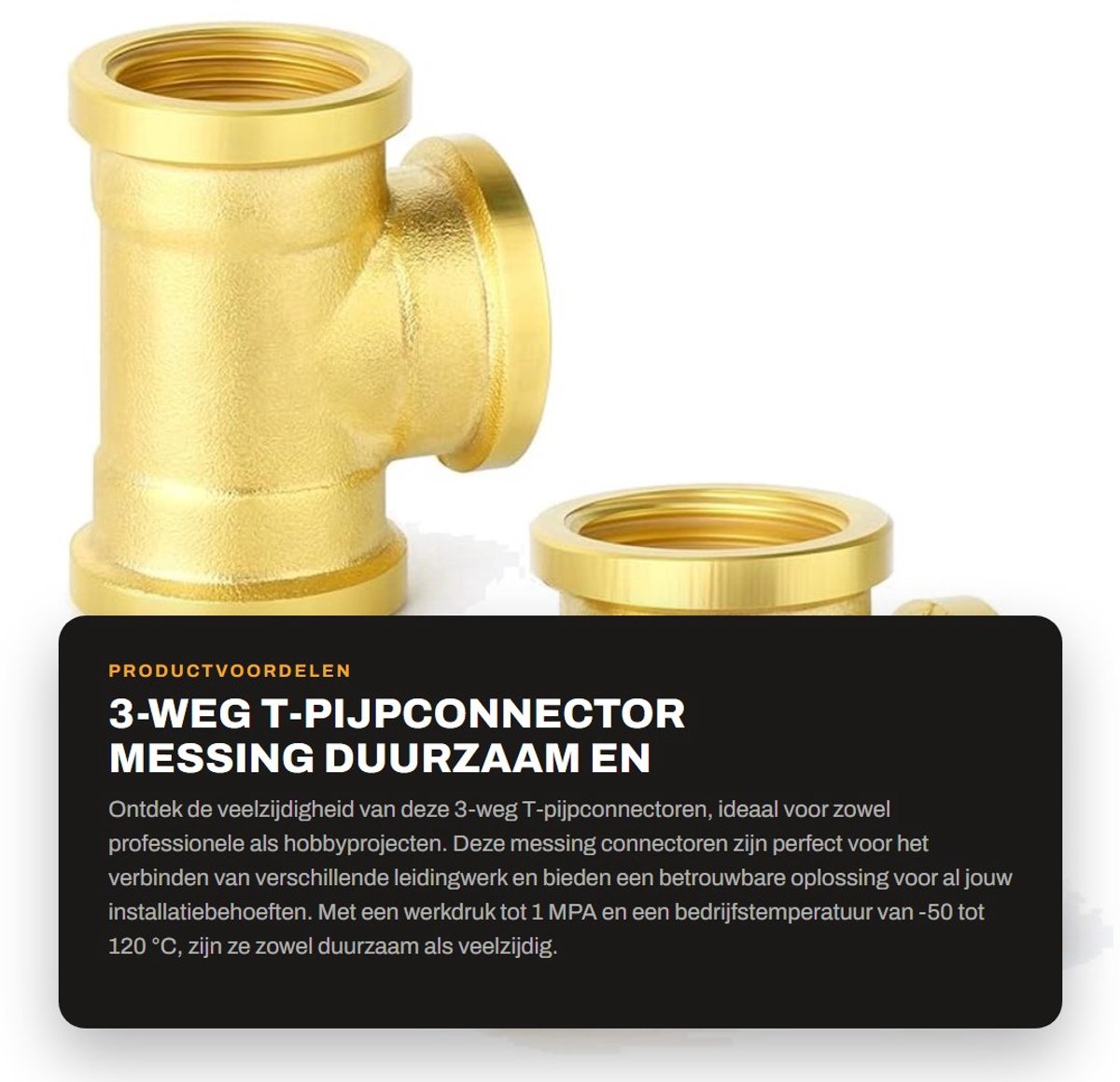 Dailygoods- T-pijpconnector 1/2" BSP - 3-weg - Messing - Roestvrij - Temperatuurbestendig - Gemakkelijk aan te sluiten - Pijpfitting