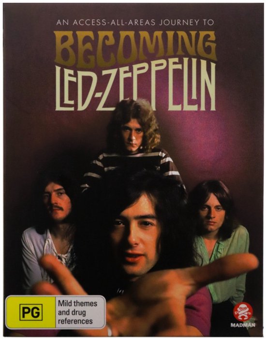 De voorkant van de Blu-ray hoes toont de bandleden van Becoming Led Zeppelin tegen een paarse achtergrond. De titel is in goudkleurige, golvende letters.