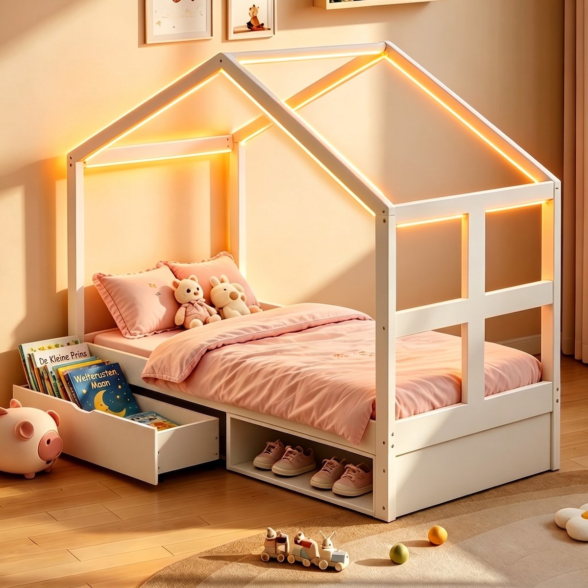 VVBV Bed 90x190 – met Lades, LED-Verlichting, Lattenbodem – Tienerbed – Wit – met Lades, LED en Lattenbodem – Voor Tieners White