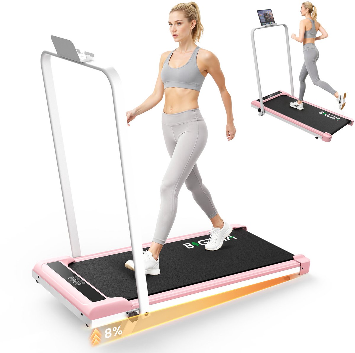 BIGZZIA Opvouwbare loopbanden - 3-in-1 loopband met een hellingshoek van 8% - 1-10 km/u - borstelloze elektromotor van 3,0 pk - tot 130 kg - LED-display - Roze