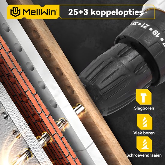 MellWin boormachine met 25+3 koppelingen boort in baksteen, hout en metaal.