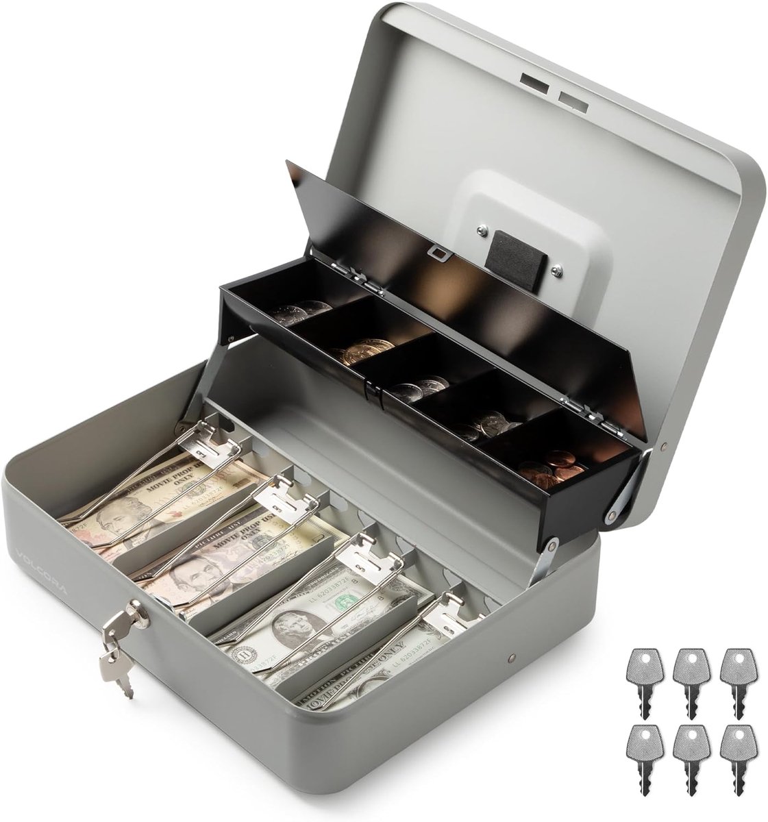 Grote geldkist - Metalen spaarpot - Contant geld bewaren - Veilig sleutelslot - 30 x 24 x 9 cm - Grijs