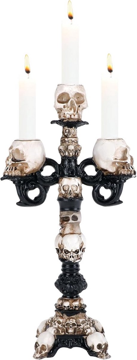 Kandelaar Schedel - Gothic Ornament - Sfeerverlichting Huis - 3-Armig Design - 15x8x29 cm - Zwart