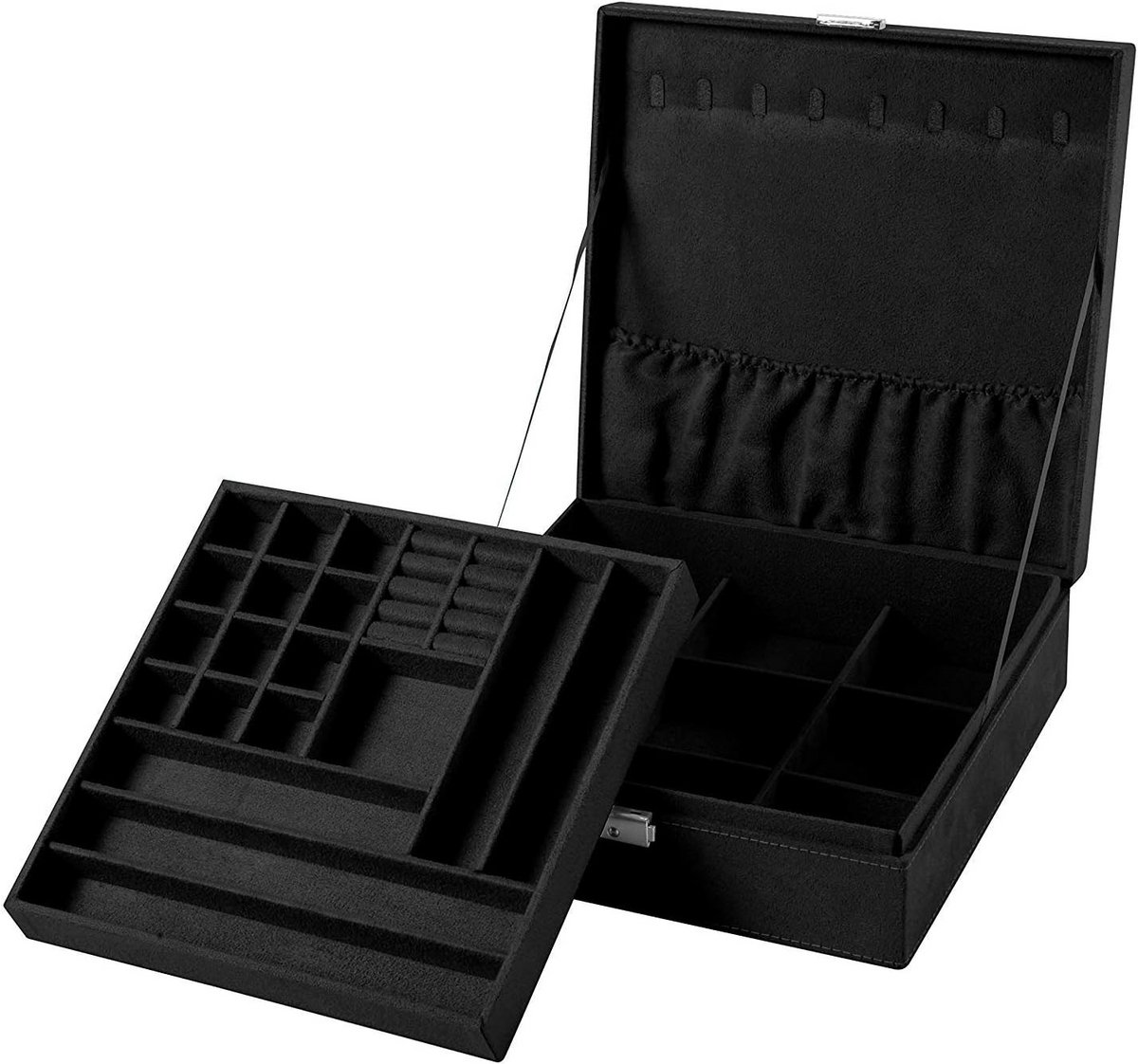 Juwelendoos Organizer - Opbergkist Sieraden - Sieraden Opbergen - Vergrendelbaar Met Slot - 26x26x8 cm - Zwart