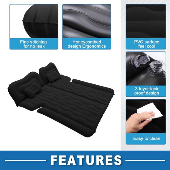 Opblaasbaar Auto Bed - Luchtmatras Achterbank - Reizen Kamperen - Inclusief Elektrische Pomp - 192x148cm - Zwart — afbeelding 3