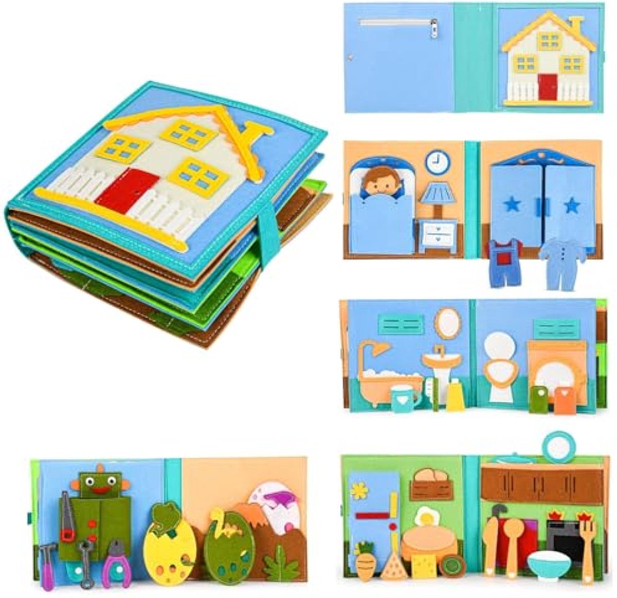 Stille Boek - Montessori Speelgoed - Fijne Motoriek Leren - Zintuigen Prikkelen - 21 x 20 x 8 cm - Blauw