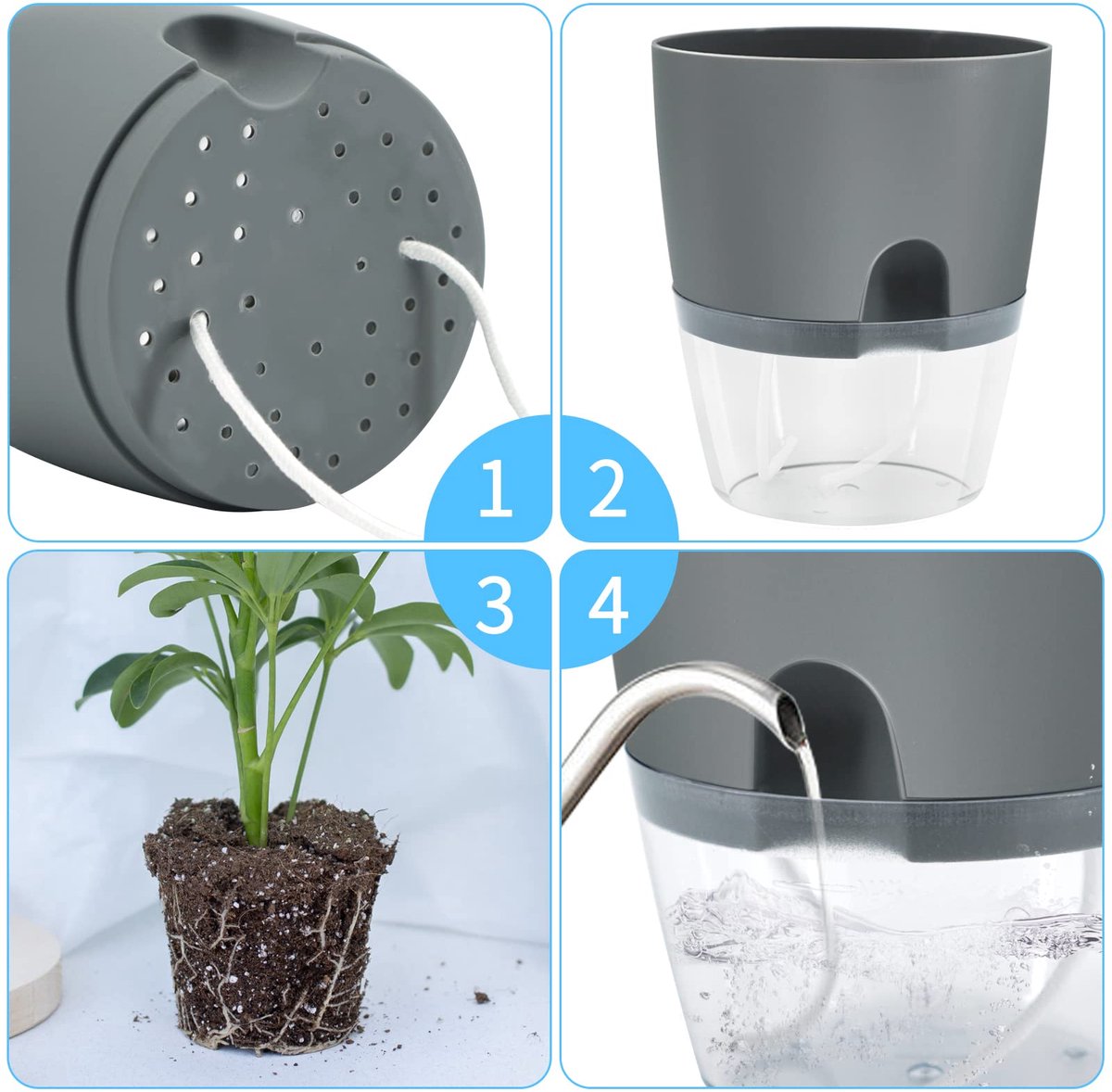 carmdering - Zelfwaterende Bloempot - Automatische Plantenbak - Binnen En Buiten Pot - Transparant Waterpeil - Katoenen Docht Systeem - Duurzaam PP Kunststof - Vorstbestendig Design - Ideaal Voor Drukke levensstijl - 3 Stuks — cadeau in Wonen & Interieur - foto 2