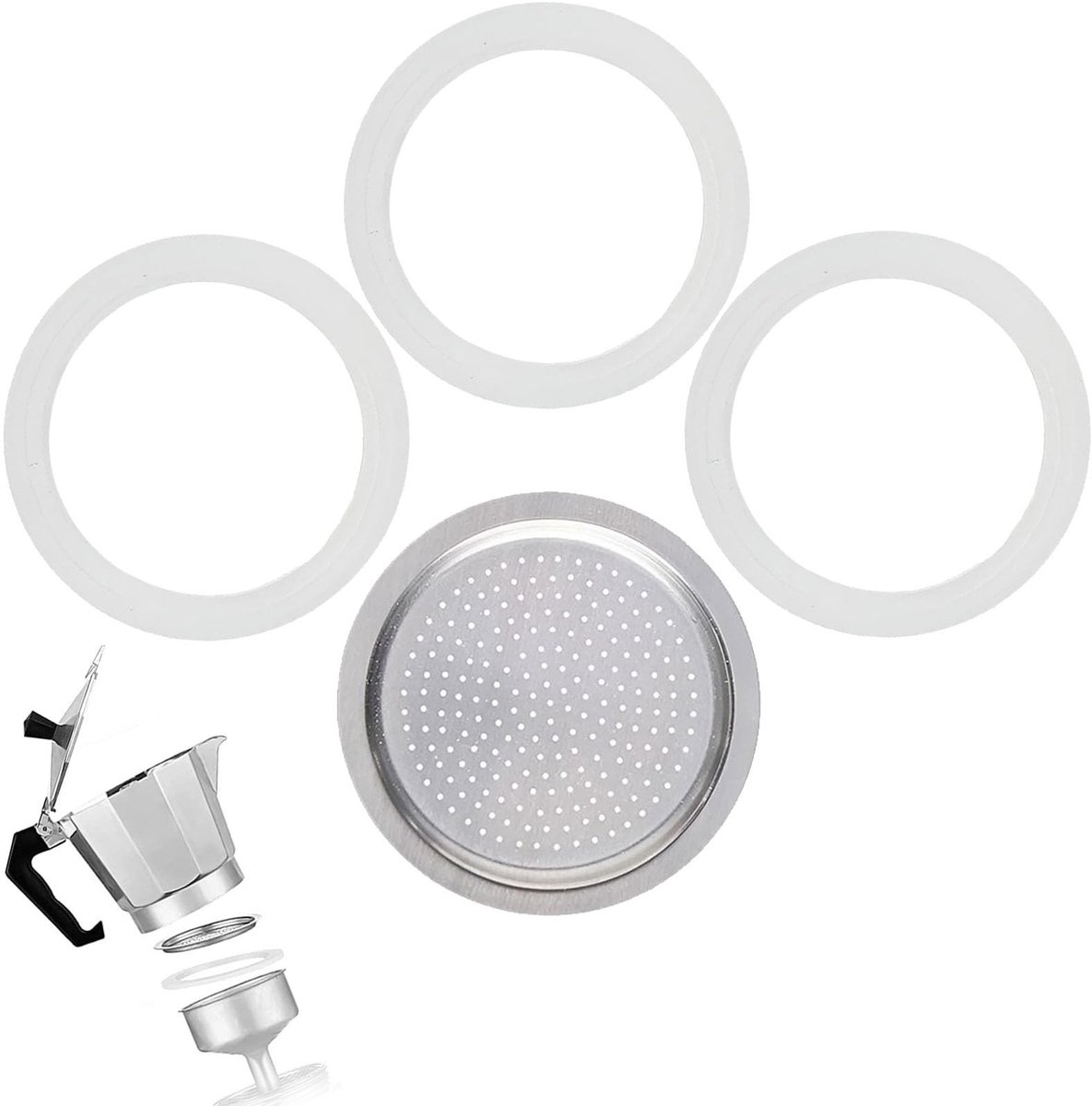 Dailygoods- Afdichtring Set van 4 3 Siliconen Afdichtingen Aluminium Zeefinzetstuk Voor Koffiezetapparaten Buitendiameter 7 12 cm Koffiefilter