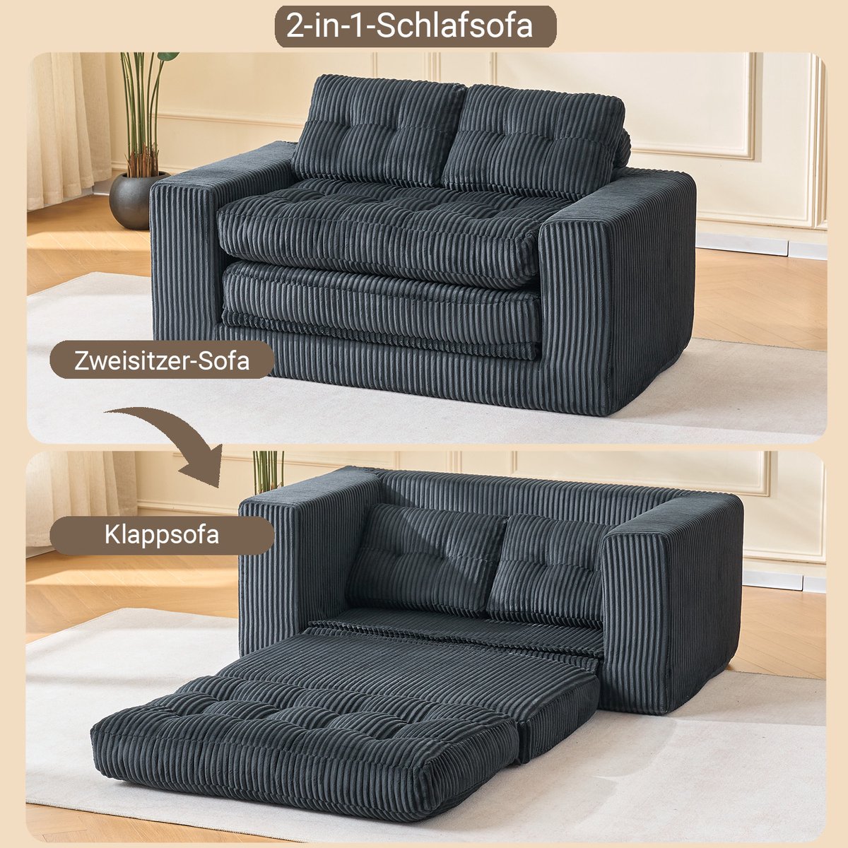 HAUSS SPOLE Slaapbank - Frameloze 2-Zits Bedbank - 2-In-1 Uitklapbaar - Voor Kleine Ruimtes En Logeerkamer - Stoffen Zwart