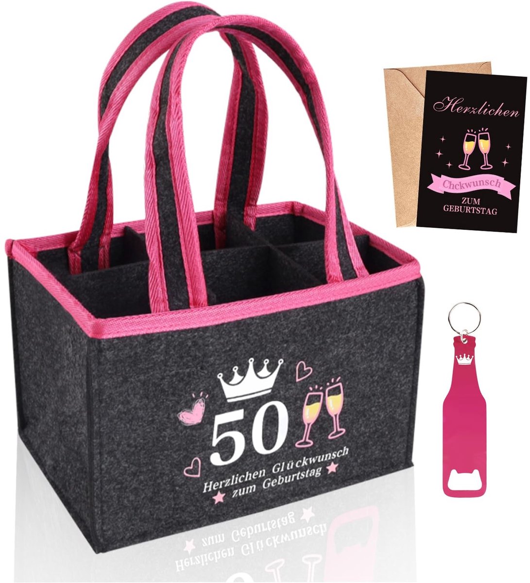 Dailygoods- Bierzak met Flesopener - Herbruikbare Handtas - Cadeau voor Vrouwen - Grijs/Roze - Uniek Verjaardagscadeau - Beschermt Flessen - Dranktas