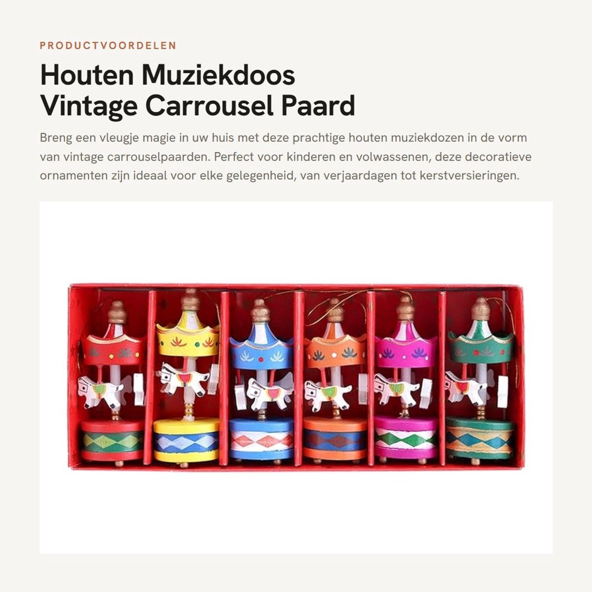 Dailygoods- Muziekdoos Vintage Carrousel - 6 Stuks - Houten Paard Decoratie - Decoratie voor Kinderen - Slaapkamer/Woonkamer - Hoogte 30 cm