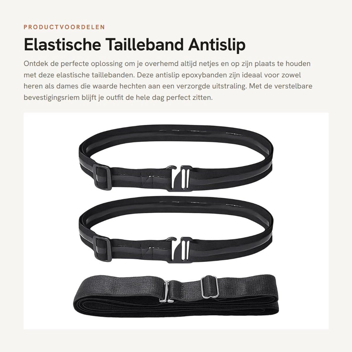 Dailygoods- Tailleband 3 Stuks - Elastische Tailleband - Antislip Bevestigingsriem - Verstelbare Hemdband - Zwart 100/125 cm - Comfortabel en Duurzaam