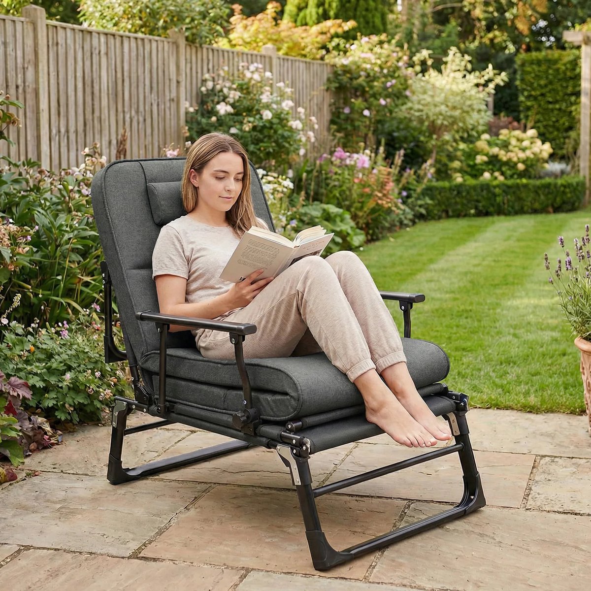 MakkelijkMooi 3-in-1 Ligstoel - Fauteuil - 6 Verstelbare Rugleuningstanden - Comfortabel Grijs Matras - Draagvermogen tot 200 kg thumbnail 6