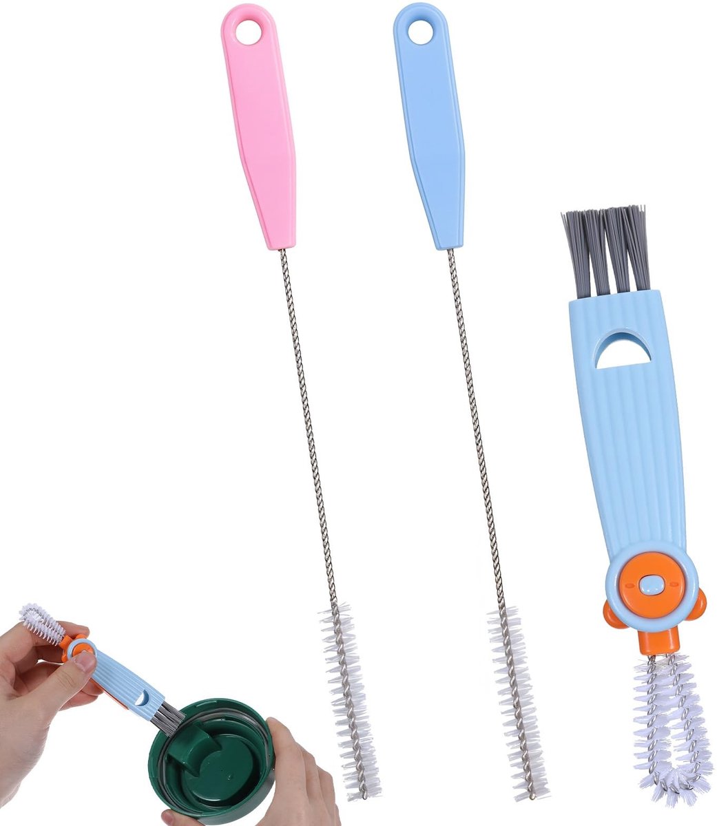 Dailygoods- Siliconen Borstel 3-in-1 - Herbruikbaar - Lichtgewicht - Duurzaam - Voor Rietjes/Bekerdeksels - Tot 80 Graden Celsius - Reinigingsborstel