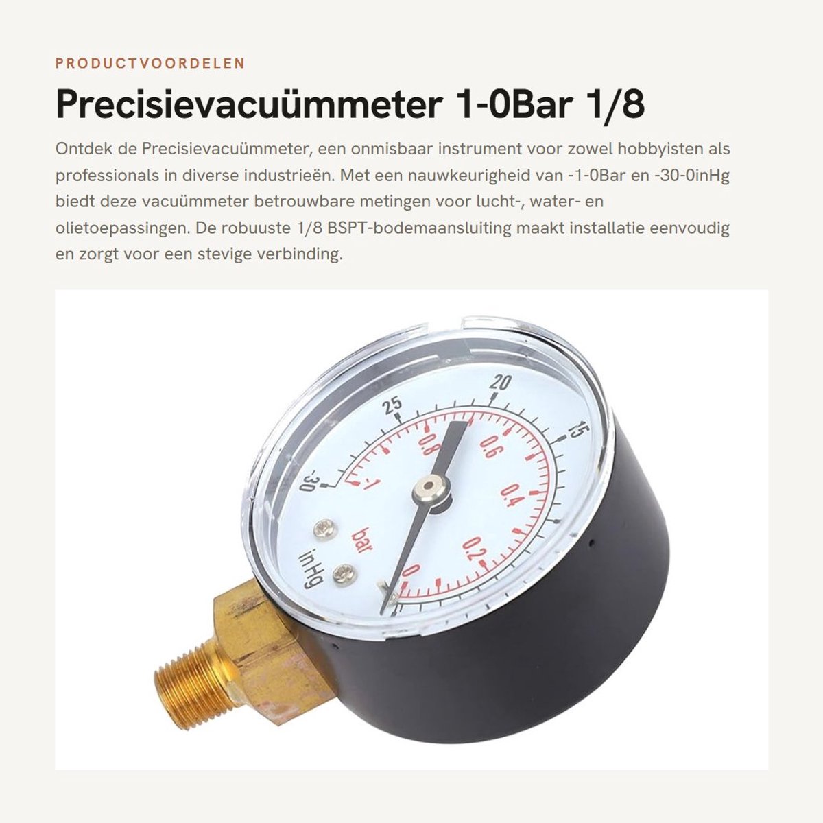 Dailygoods- Precisievacuümmeter -1-0Bar/-30-0inHg - 50 Mm Wijzerplaat - 1/8 BSPT Aansluiting - Robuust - Messing Componenten - Duidelijke Aflezingen - Vacuümmeter