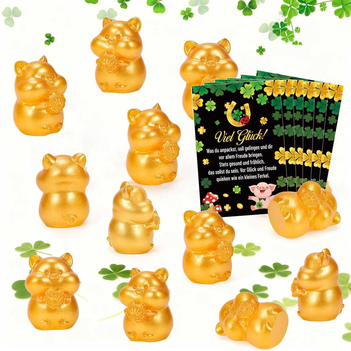Dailygoods- Geluksvarkentje 12 Stuks - Gouden Tafeldecoratie - Geluksbrenger Oudejaarsavond - Nieuwjaarsgeschenken - Uniek Design - Persoonlijke Kaart "Viel Glück! - Geluksfiguur