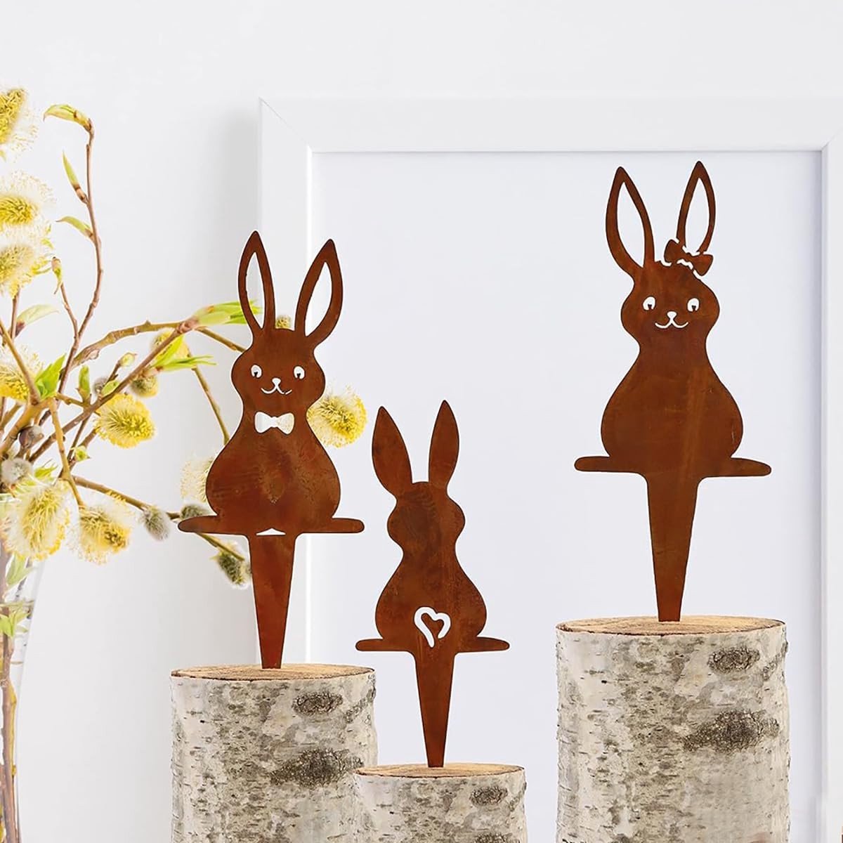 Dailygoods- Paasdecoratie Vintage Charm - Roestig IJzeren Konijntje - Tuin Decoratie - Buiten Decoratie - Set van 3 - Unieke Patina-afwerking - Tuindecoratie