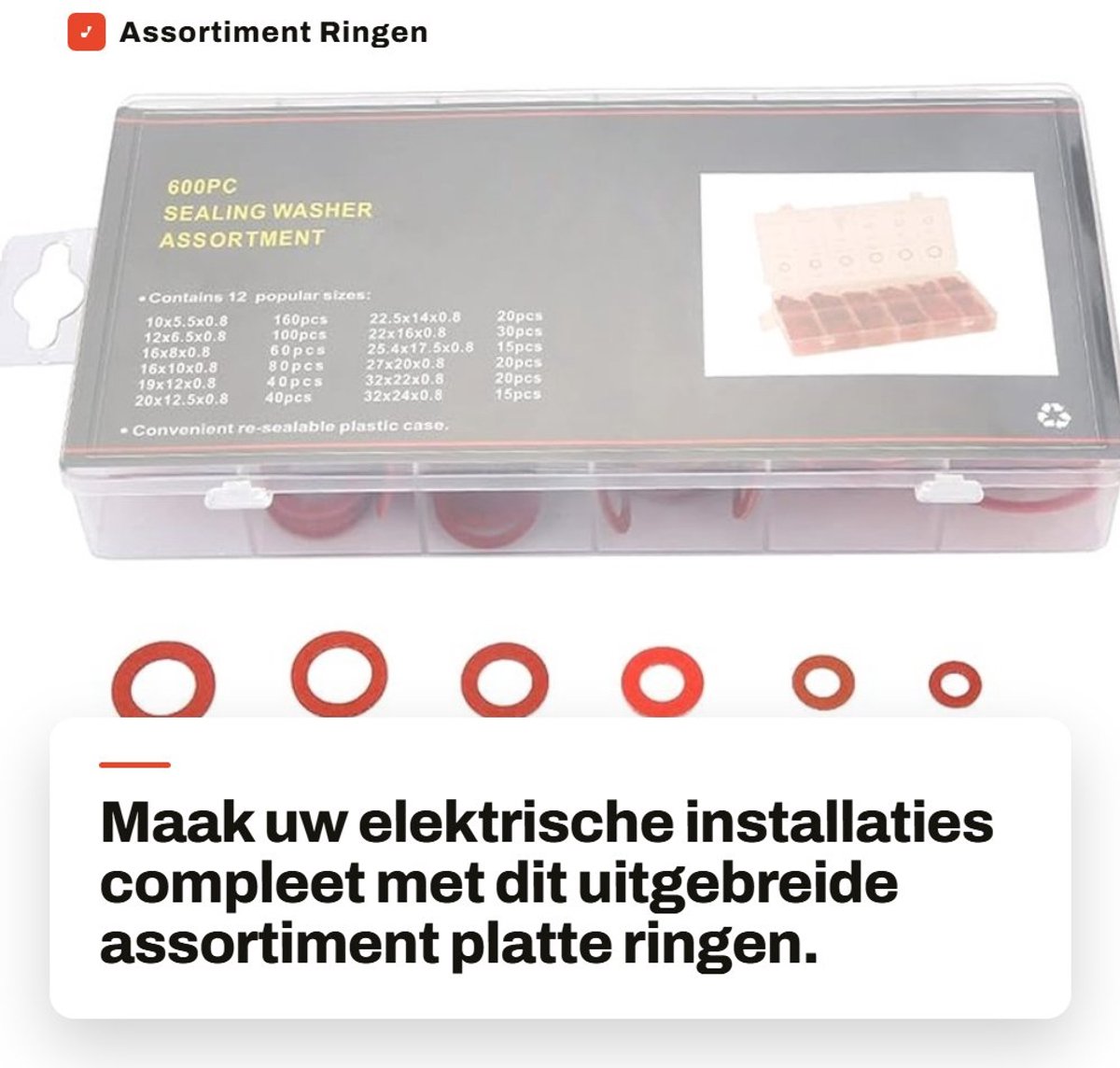 Dailygoods - Assortiment Ringen 600 Stuks - Rood Staal Papiervezel - Platte Isolatieschijven - Voor Elektrische Installaties - 12 Verschillende Maten...