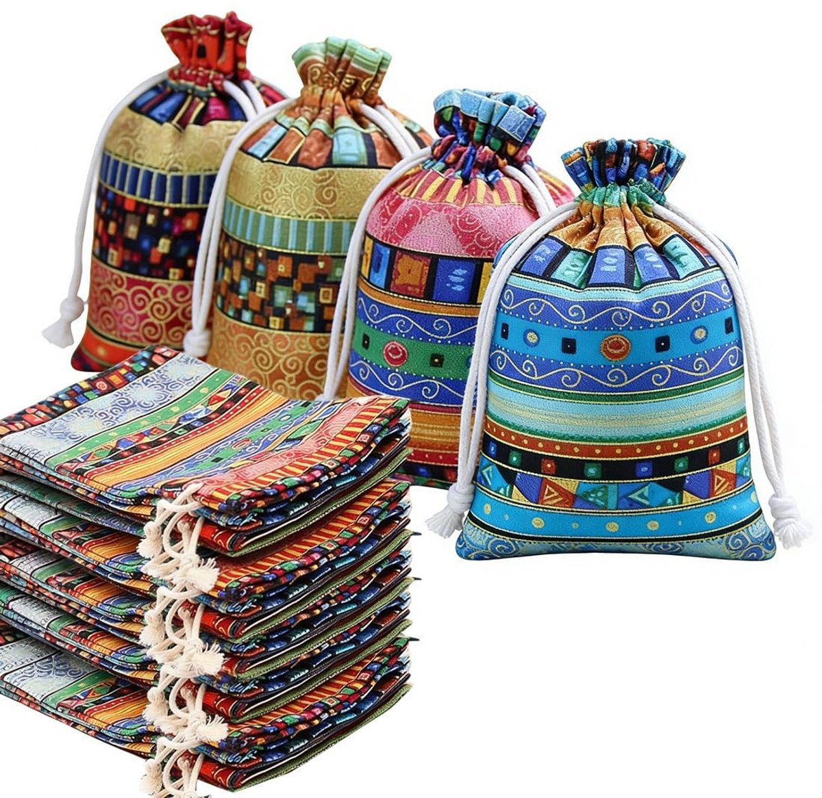 Dailygoods- Cadeauzakjes 12 stuks - Etnische stijl - Katoenen zakjes - Herbruikbaar - Trekkoord - 7 x 9 cm - Geschenkzakjes