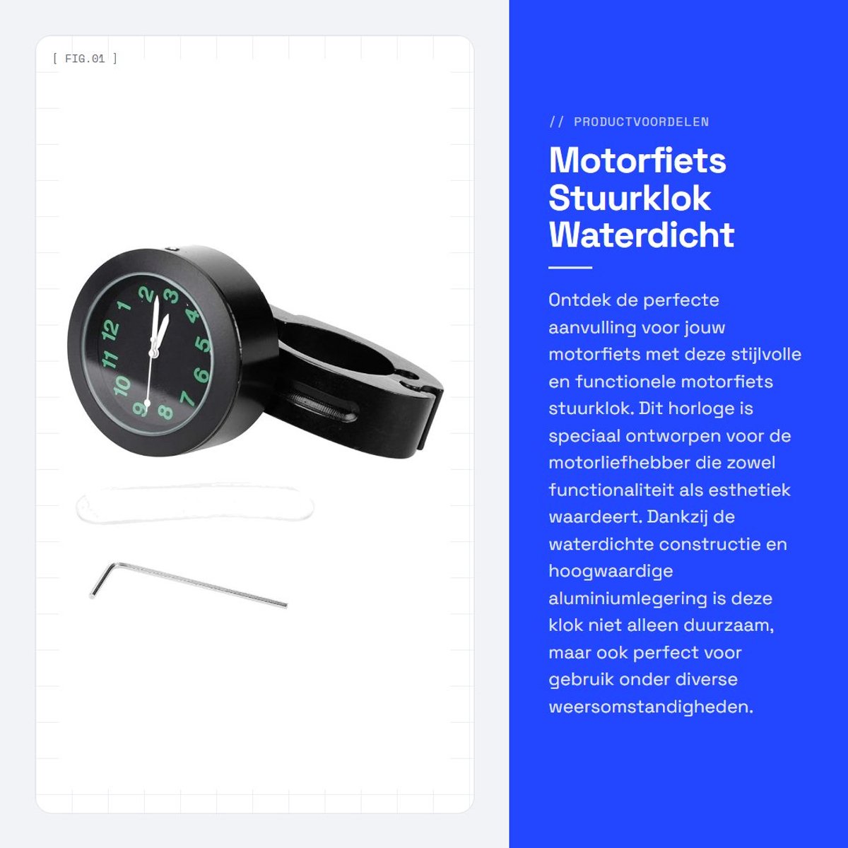Dailygoods - Motorfiets Stuurklok - Waterdicht - Aluminiumlegering - Zwart - Horloge Accessoire - Geschikt voor Universele Motorfietsen
