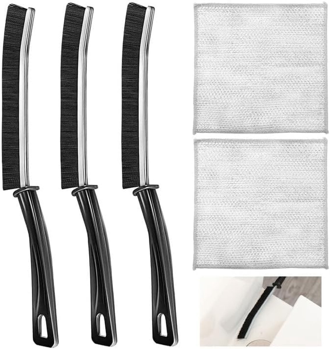 Dailygoods- Reinigingsborstel - 3 Stuks - Hoekreinigingsborstel - Voegborstel - Multifunctionele Borstel - Inclusief 2 Doeken - Kunststof/Nylon - Spleetreinigingsborstel