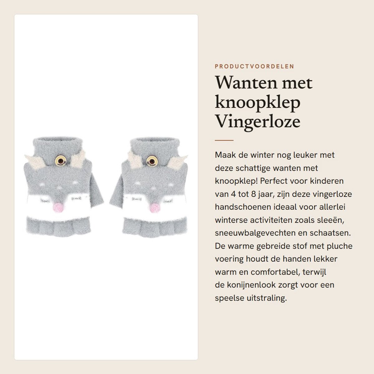 Dailygoods- Winterhandschoenen met knoopklep - Vingerloze Handschoenen - Gebreide Wanten - Pluche Voering - One Size - Ideaal voor Wintersportactiviteiten