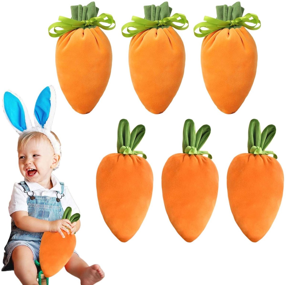 Dailygoods- Paaseitjeszakken Set - Wortelvormige Snoepzakken - Uitdeelzakjes - Decoratie - 6 Stuks - Geschikt voor Paasgeschenken - Snoepzakjes