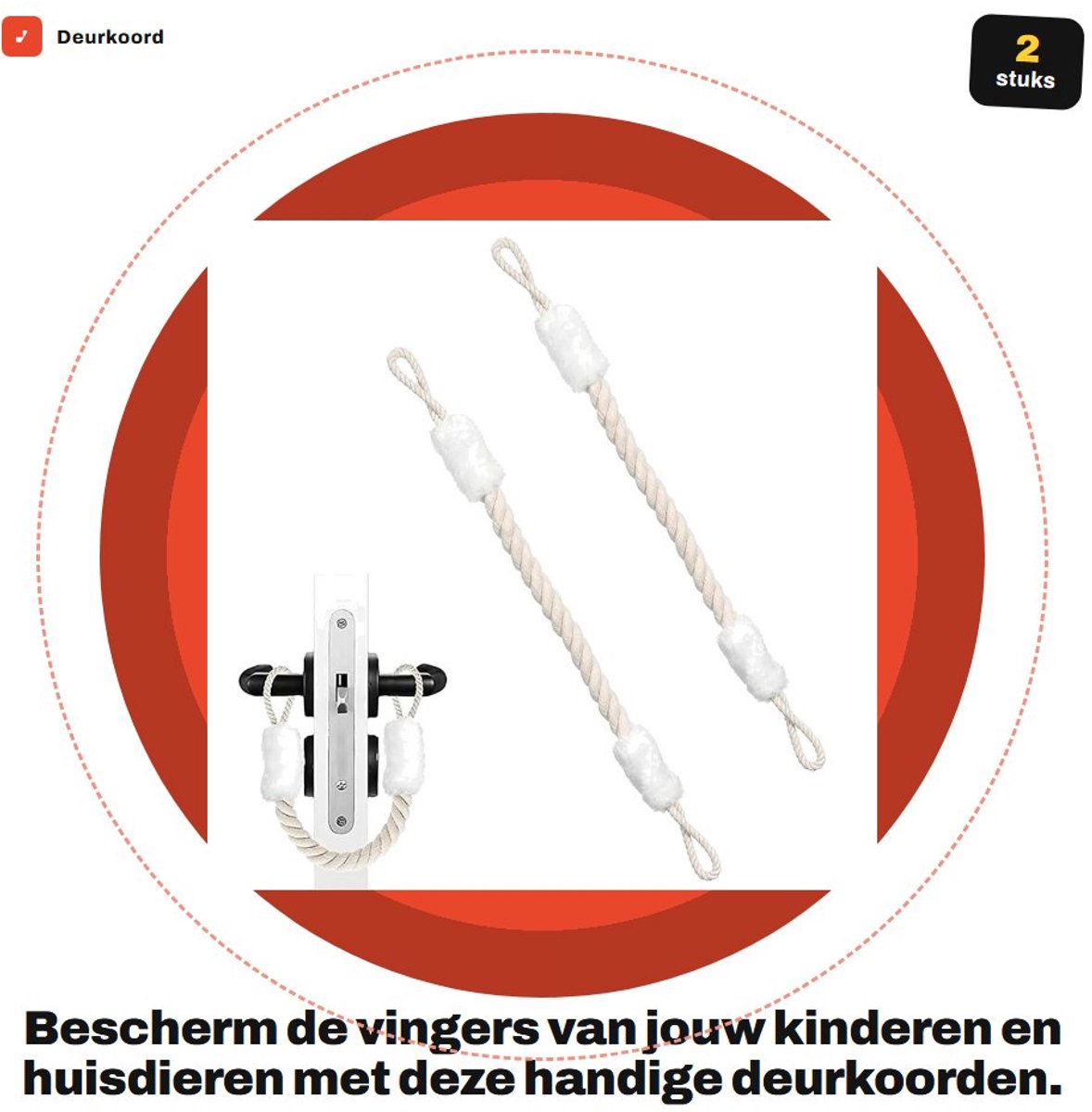 Dailygoods- Deurkoord 60 cm - Deurstopper - Klemmen voor kinderen - Vingerbescherming - Set van 2 - Katoen en polyester