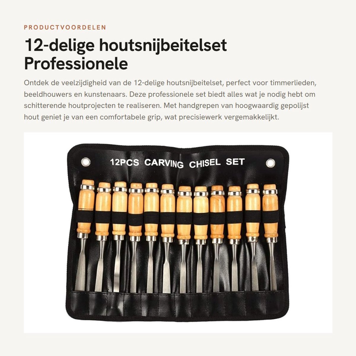 Dailygoods- Houtsnijbeitelset 12-delig - Professionele Beitelset - Houtbewerkingsgereedschap - Oprolbare Draagtas - Hoogwaardig Gepolijst Hout - Geharde Stalen Lemmeten - Houtbewerkingsset