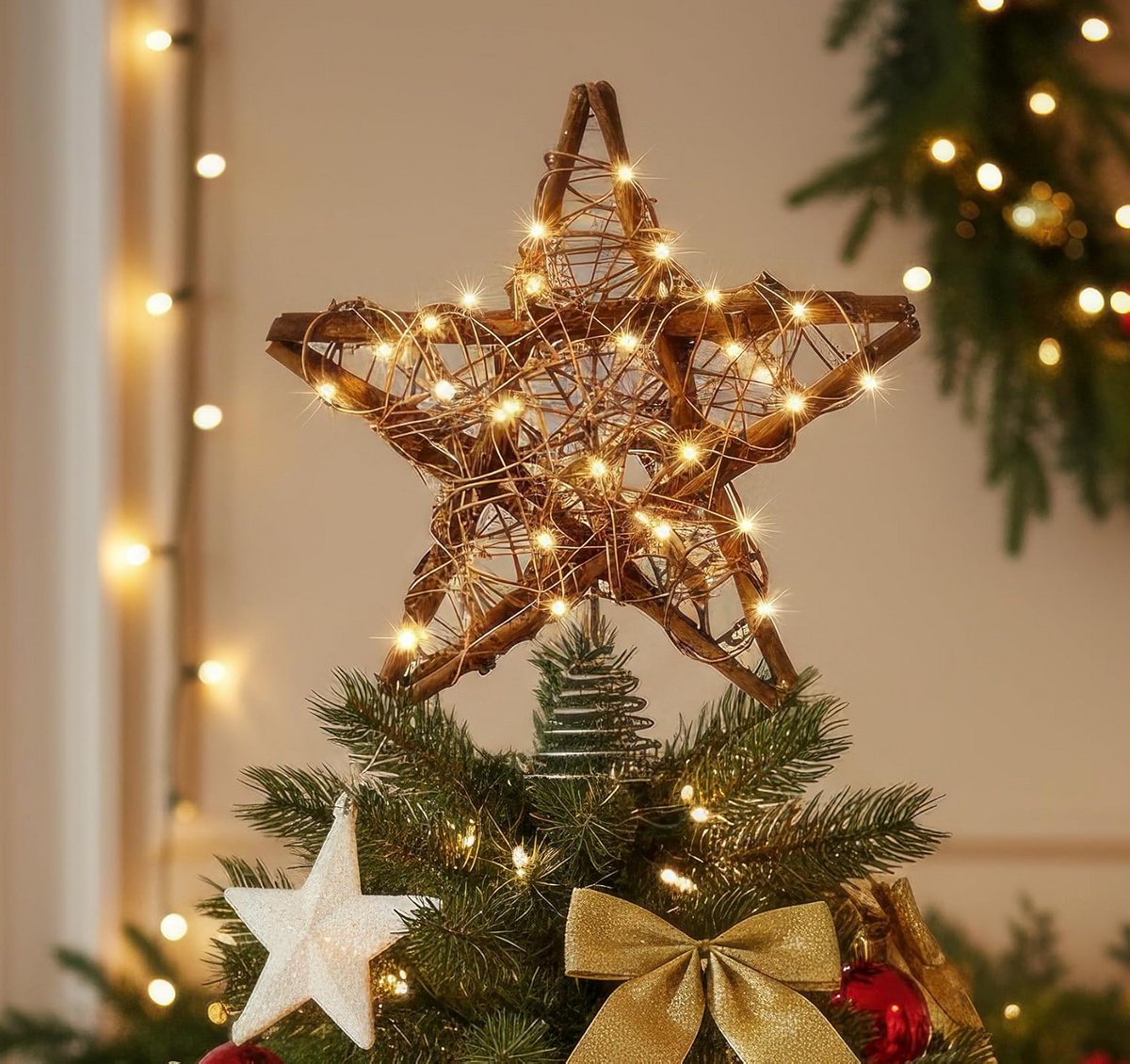 Star Christmas Tree Topper, Anstore 10 inch sterren voor kerstversiering en glinsterende holle ster topper ingebouwde 10 lampen String Lights 3D boomtop voor vakantie boom decoraties