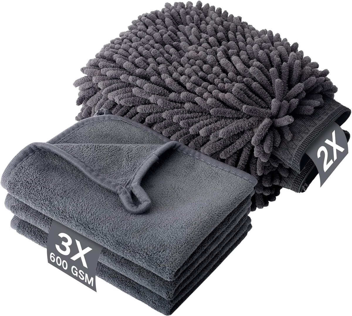 Autoreinigingsset - Microvezel set - Auto poetsen - Hoge absorptie - 5 delig - Grijs