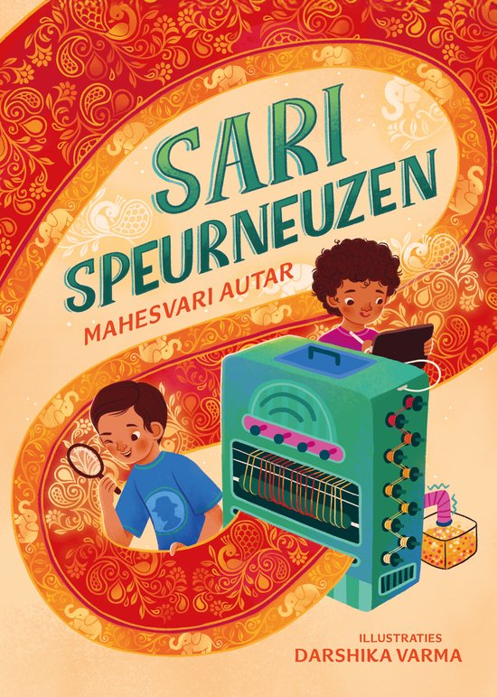 Twee kinderen kijken naar een machine, met de titel "SARI SPEURNEUZEN" en illustraties van Darshika Varma.
