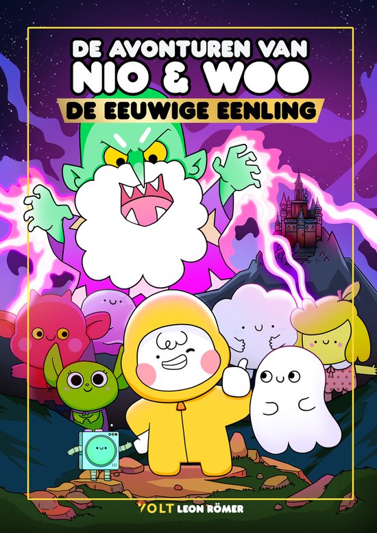Boekcover: De avonturen van Nio & Woo - De eeuwige eenling. Groene trol met baard, Nio & Woo karakters, kasteel.
