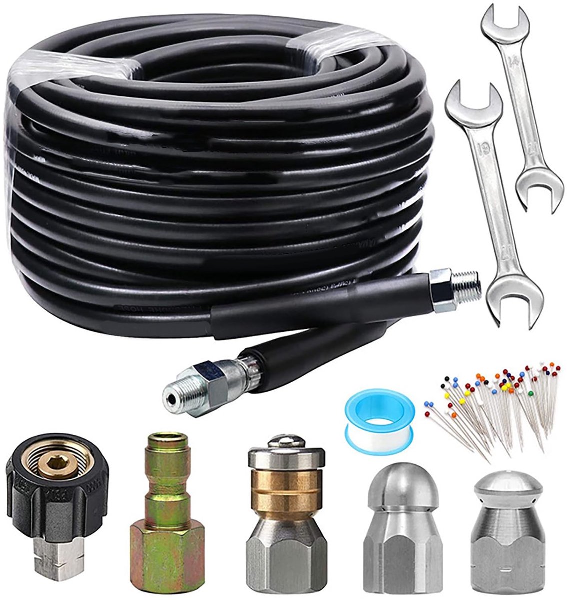 Dailygoods- Rioolsproeierset 49,2ft - Complete Afvoerreinigerset - Hogedrukreiniger 5800PSI - Rioolmondstuk met Drukknop - Waterdicht Plakband - Inclusief Toebehoren - Afvoerreiniger