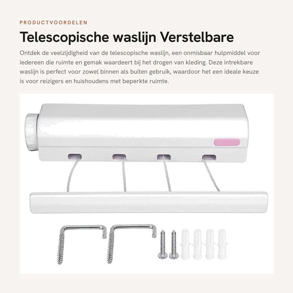 Dailygoods- Waslijn Telescopisch - Verstelbaar - Intrekbaar - Draagbaar - Voor Binnen/Buiten - Belastbaar tot 8 kg - Kledingdroger