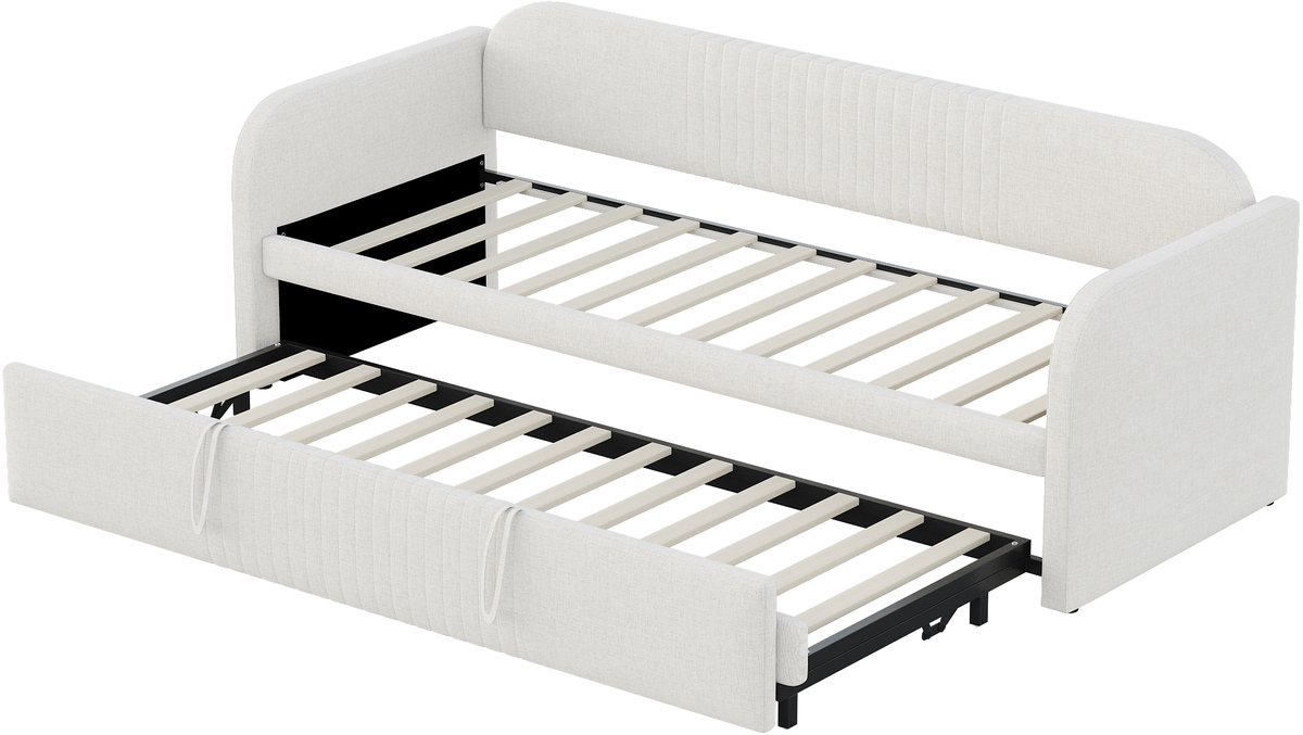 DESMIU Gestoffeerde Slaapbank 90x190 cm – Uitschuifbaar Naar 180x190 cm – Met Lattenbodem – Zonder matras – Voor Woonkamer Of Logeerkamer – Linnenlook – Beige