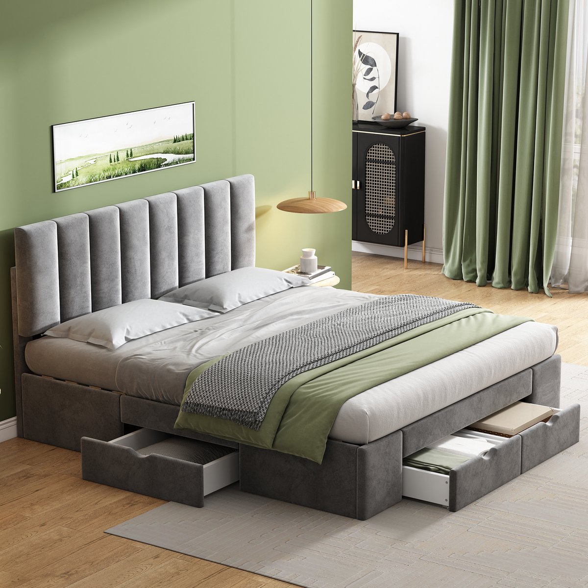 DESMIU Gestoffeerd Bed 160x200 cm – Verstelbaar Hoofdbord – Met Lattenbodem En 4 Laden – Zonder Matras – Voor Slaapkamer – Fluweel – Grijs