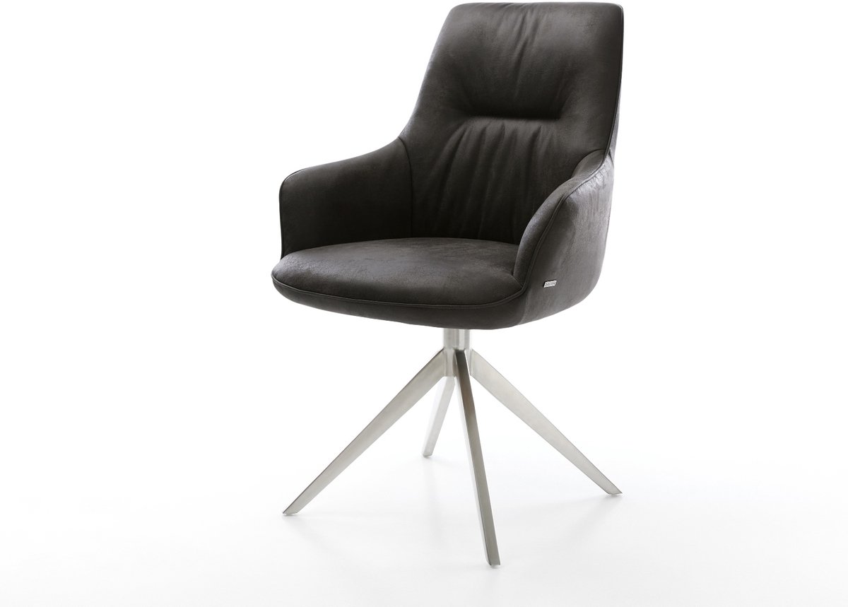 Eetkamerstoel Zelia-Flex met armleuning kruisframe breed roestvrij staal microvelours antraciet vintage 360° draaibaar rocker-functie pocketveer kern